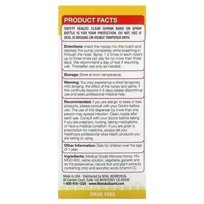 ManuKaguard, dzieci, miód manuka klasy medycznej, spray do nosa zatok, wolny od alkoholu, 0,51 fl oz (15 ml)