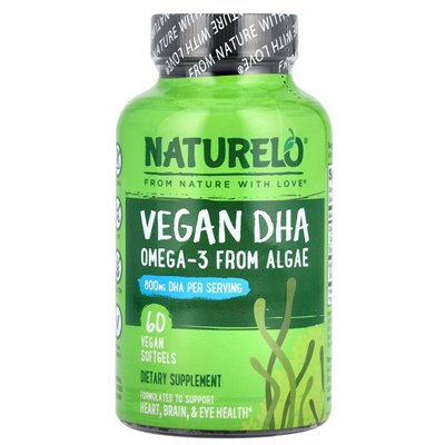 Naturelo, Veganes DHA, Omega-3 aus Algen, 800 mg, 60 vegane Softgelkapseln (400 mg pro Softgelkapsel)