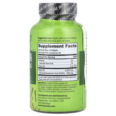 Naturelo, Veganes DHA, Omega-3 aus Algen, 800 mg, 60 vegane Softgelkapseln (400 mg pro Softgelkapsel)
