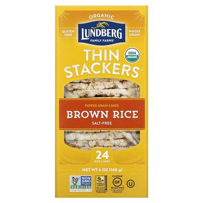 Lundberg, Organic Thin Stacks, Puffed Grain Cakes, Brown Rice, Salt Free, 24 Rice Cakes, 6 oz (168 g)