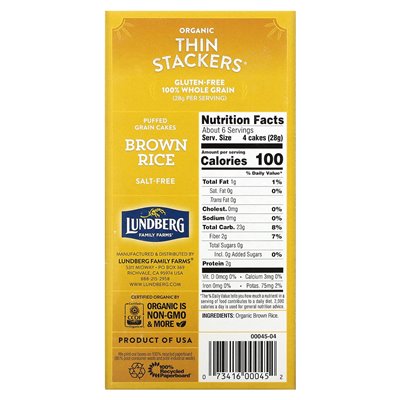Lundberg, Organic Thin Stacks, Puffed Grain Cakes, Brown Rice, Salt Free, 24 Rice Cakes, 6 oz (168 g)