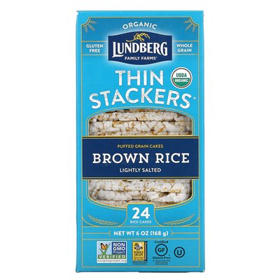 Lundberg, Organic Thin Stacks, Puffed Grain Cakes, Brown Rice, Lightly Salted, 24 Rice Cakes, 6 oz (168 g)