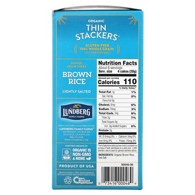 Lundberg, Organic Thin Stacks, Puffed Grain Cakes, Brown Rice, Lightly Salted, 24 Rice Cakes, 6 oz (168 g)