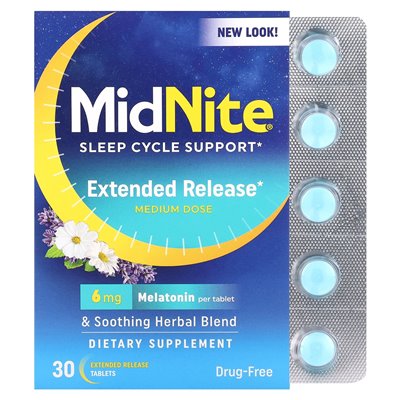 Midnite, podparcie cyklu snu, średnia dawka, 6 mg, 30 tabletek z wydalonym uwalnianiem