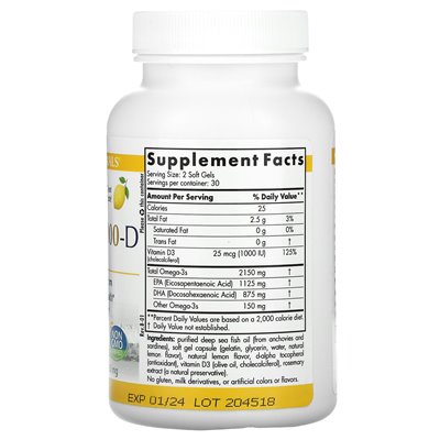 Nordic Naturals, Proomega 2000-D, cytryna, 1250 mg, 60 miękkich żeli