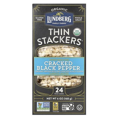 Lundberg, Organic Thin Stacks, gepuffte Getreidekuchen, gemahlener schwarzer Pfeffer, leicht gesalzen, 24 Reiskuchen, 6 Unzen (