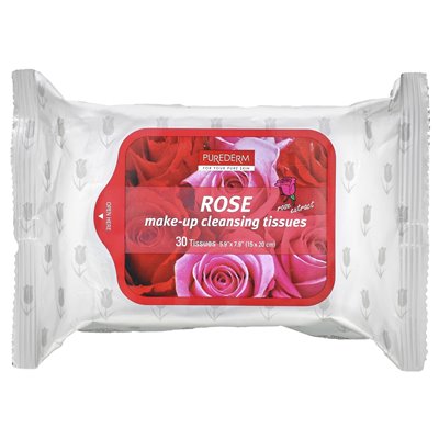 Purederm, makeup cleansing tissues, rose, 30 tissues