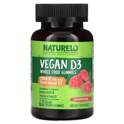 Naturelo, Vegan D3 Whole Food Gummies, Strawberry, 2000 IU, 60 wegańskie gummy (1000 IU (25 mcg) na gumy)
