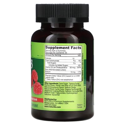 Naturelo, Vegane D3-Vollwertgummis, Erdbeere, 2000 IE, 60 vegane Gummis (1000 IE (25 mcg) pro Gummi)