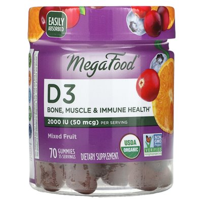 Megafood, D3, mieszane owoce, 50 mcg (2000 IU), 70 gummy (25 mcg (1000 IU) na gummę) Megafood, D3, mieszane owoce, 50 mcg (2000 IU), 70 gummy (25 mcg (1000 IU) na gummę)
