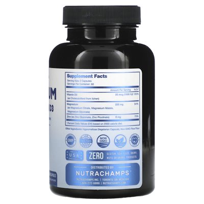 Nutrachamps, Magnesium, Zinc and Vitamin D3, 120 Vegetarian Capsules