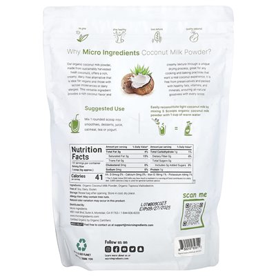Mikro składniki, organiczne mleko kokosowe proszek, 2 funty (907 g)