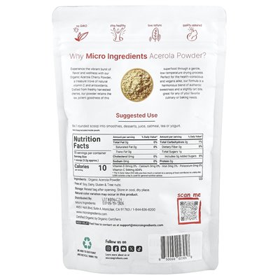 Micro Składniki, Organic Acerrola Powder, 8 uncji (227 g) Micro Składniki, Organic Acerrola Powder, 8 uncji (227 g)