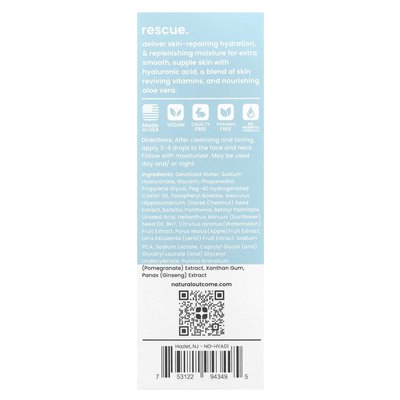 Naturalny wynik, hialuronia, surowica do naprawy ratowniczej, bezpłatny zapach, 1 uncja (30 ml)