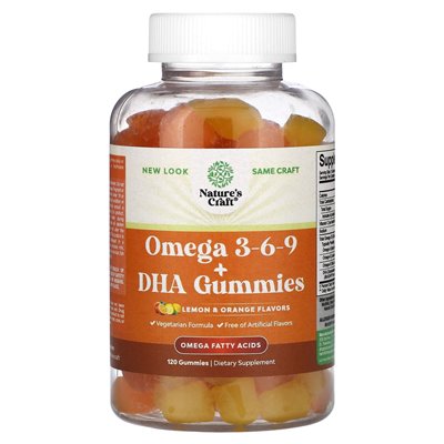 Nature's Craft, Omega 3-6-9 + DHA Gummi, cytryna i pomarańcza, 120 gumzy Nature's Craft, Omega 3-6-9 + DHA Gummi, cytryna i pomarańcza, 120 gumzy