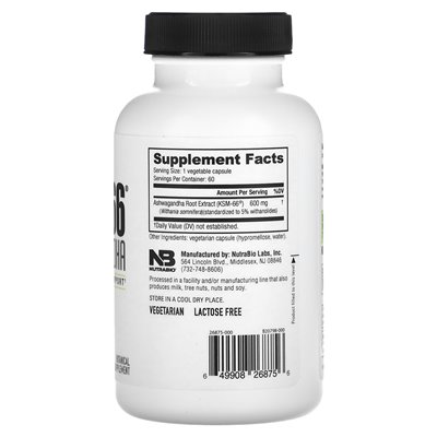 Nutrabio, KSM-66, Ashwagandha, 600 mg, 60 kapsułek
