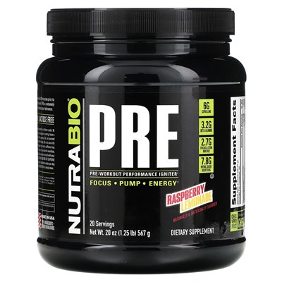 Nutrabio, przedtrening wydajność zapłonka, lemoniada malinowa, 1,25 funta (567 g)