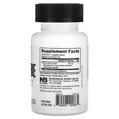 Nutrabio, Yohimbe, 100 mg, 90 kapsułek (100 mg na kapsułkę)