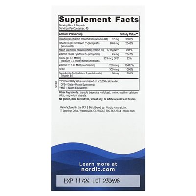 Nordic Naturals, kompleks witaminy B, 45 kapsułek Nordic Naturals, kompleks witaminy B, 45 kapsułek