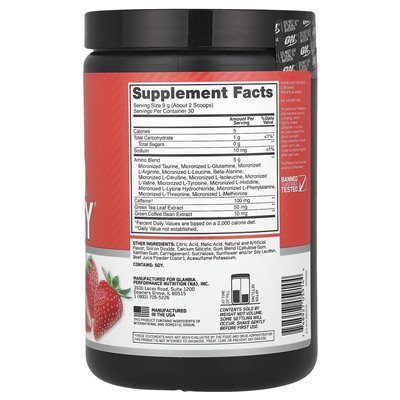 Optimum Nutrition, ESSENTIAL AMIN.O. ENERGY, Pyszny Smak Cytrynowo-Truskawkowy, 9,5 uncji (270 g)