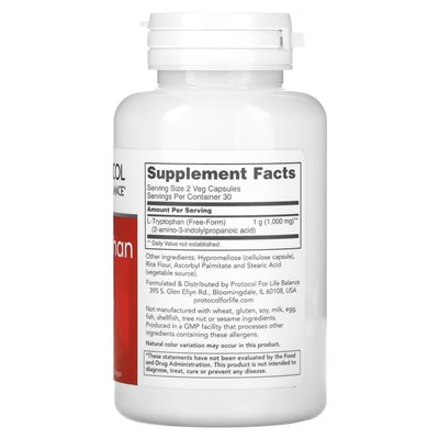 Protocol for Life Balance, L-Tryptofan, 500 mg, 60 Weganskich Kapsułek