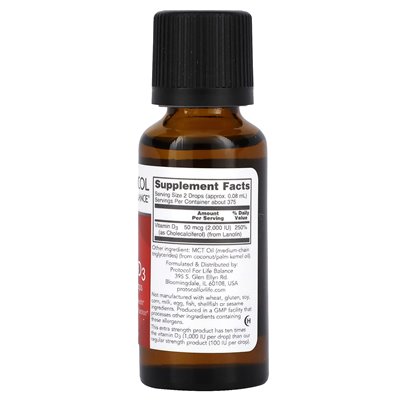Protokół równowagi życiowej, płynna witamina D3, dodatkowa wytrzymałość, 2000 IU, 1 fl oz (30 ml)