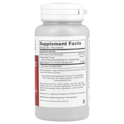 Protocol for Life Balance, Kwas Alfa-Liponowy, 600 mg, 60 Wegetariańskich Kapsułek