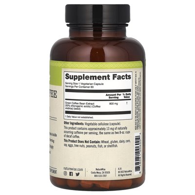 NatureWise, Ekstrakt z Zielonej Kawy, 800 mg, 60 Wegetariańskich Kapsułek NatureWise, Ekstrakt z Zielonej Kawy, 800 mg, 60 Wegetariańskich Kapsułek