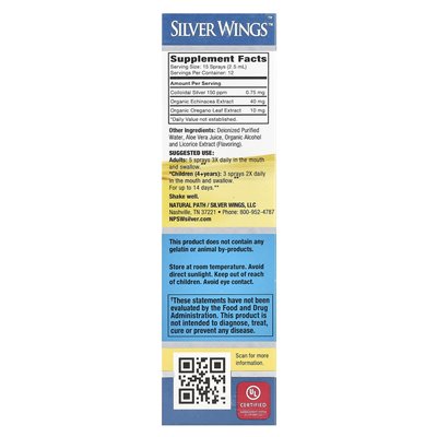 Natural Silver Wings, Colloidal Silver, Herbal Tincture Spray, 150 ppm, 1 fl oz (30 ml) (150 ppm for 15 sprays)