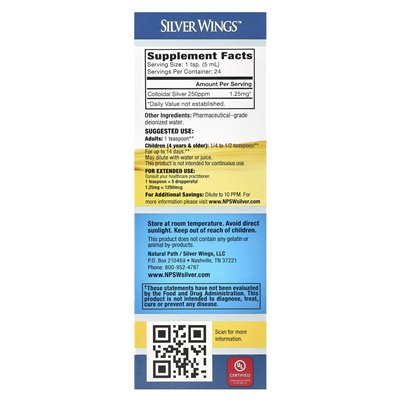 Naturalne skrzydła srebrne, srebro koloidalne, 250 ppm, 4 fl oz (120 ml) Naturalne skrzydła srebrne, srebro koloidalne, 250 ppm, 4 fl oz (120 ml)