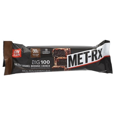 MET-RX, Big 100, bar zastępujący posiłki, solony karmelowy brownie, 9 barów, 3,52 uncji (100 g) każdy