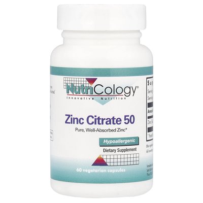 Nutricology, cytrynian cynku 50, 50 mg, 60 kapsułek wegetariańskich