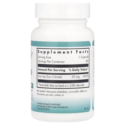 Nutricology, cytrynian cynku 50, 50 mg, 60 kapsułek wegetariańskich
