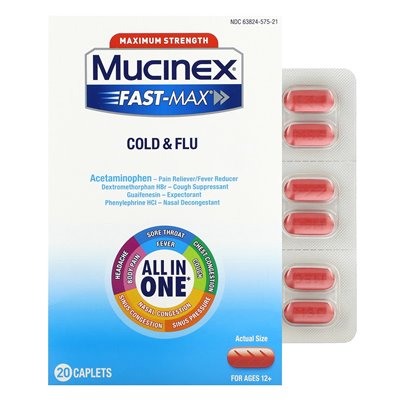 Mucynex, szybka zimna i grypa, maksymalna wytrzymałość, dla wieku 12+, 20 kapleczek