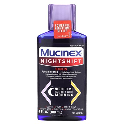 Mucinex, Nightshift, Sinus, Ages 12+, 6 fl oz (180 ml) Mucinex, Nightshift, Sinus, Ages 12+, 6 fl oz (180 ml)
