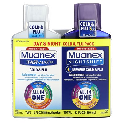 Mucinex, Day & Night Cold & Flu Pack, Maximum Strength, For Ages 12+, 2 Bottles, 6 fl oz (180 ml) Each