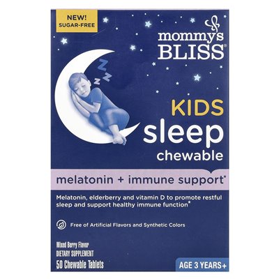 Mommy's Bliss, Kids Sleep Do żucia, Melatonina + Wsparcie immunologiczne, wiek 3 lata, mieszane jagody, 50 tabletek do żucia