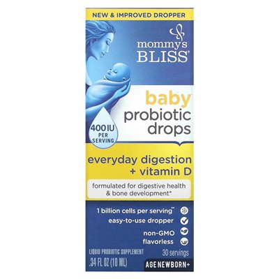 Mommy's Bliss, Baby Probiotyk krople + witamina D, nowocien +, 400 IU, 0,34 fl oz (10 ml) Mommy's Bliss, Baby Probiotyk krople + witamina D, nowocien +, 400 IU, 0,34 fl oz (10 ml)