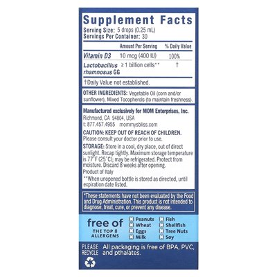 Mommy's Bliss, Baby Probiotyk krople + witamina D, nowocien +, 400 IU, 0,34 fl oz (10 ml) Mommy's Bliss, Baby Probiotyk krople + witamina D, nowocien +, 400 IU, 0,34 fl oz (10 ml)