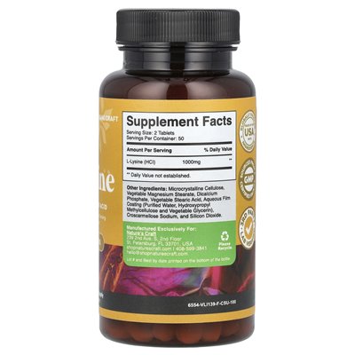 Nature's Craft, L-Lysine, 1000 mg, 100 tabletek (500 mg na kapsułkę)