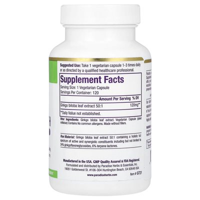 Paradise Herbs, Ginkgo Biloba, 120 Wegetariańskich Kapsułek
