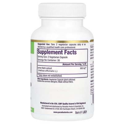 Paradise Herbs, Zitronenmelissenextrakt, 60 vegetarische Kapseln