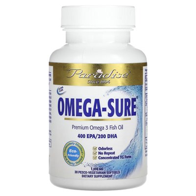 Paradise herbs, Omega sure, premium omega-3 fischöl, 1000 mg, 30 pesco vegetarisch weich