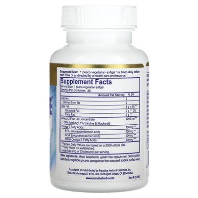 Raj zioła, Omega pewnie, premium omega-3 olej rybny, 1000 mg, 30 pesco wegetariańskich miękkich Raj zioła, Omega pewnie, premium omega-3 olej rybny, 1000 mg, 30 pesco wegetariańskich miękkich