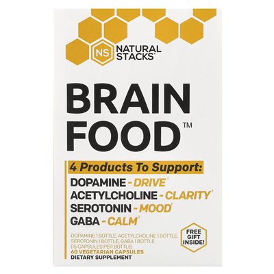 Naturalne stosy, Brain Food ™, 4 butelki, 15 kapsułek wegetariańskich na butelkę Naturalne stosy, Brain Food ™, 4 butelki, 15 kapsułek wegetariańskich na butelkę