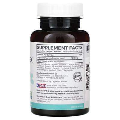 Pure Co., Pure Mom, organiczna kozieradka, 1240 mg, 60 kapsułek wegańskich (620 mg na kapsułkę) (620 mg na kapsułkę wegańską)