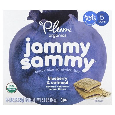 Plum Organics, Jammy Sammy, pasek kanapkowy wielkości przekąsek, 15 miesięcy, jagodę i płatki owsiane, 5 barów, 1,02 uncji (29 g