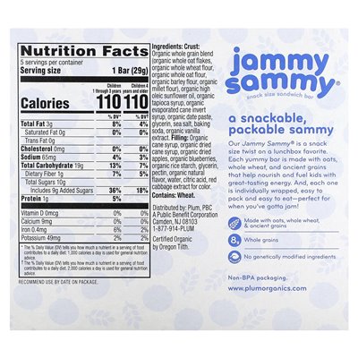Plum Organics, Jammy Sammy, pasek kanapkowy wielkości przekąsek, 15 miesięcy, jagodę i płatki owsiane, 5 barów, 1,02 uncji (29 g