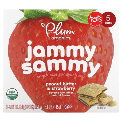 Plum Organics, Jammy Sammy, Bar Sandwich Sandwich, 15 miesięcy, masło orzechowe i truskawki, 5 barów, 1,02 uncji (29 g) każdy