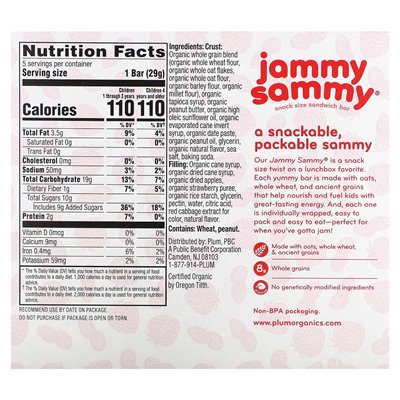 Plum Organics, Jammy Sammy, Bar Sandwich Sandwich, 15 miesięcy, masło orzechowe i truskawki, 5 barów, 1,02 uncji (29 g) każdy